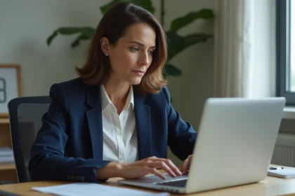 Femme professionnelle sécurisant ses accès en ligne sur un ordinateur portable dans un bureau moderne