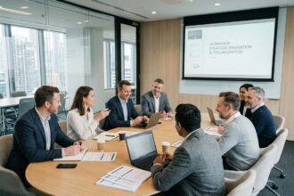 Groupe de professionnels en réunion de séminaire d'entreprise autour d'une grande table de conférence moderne