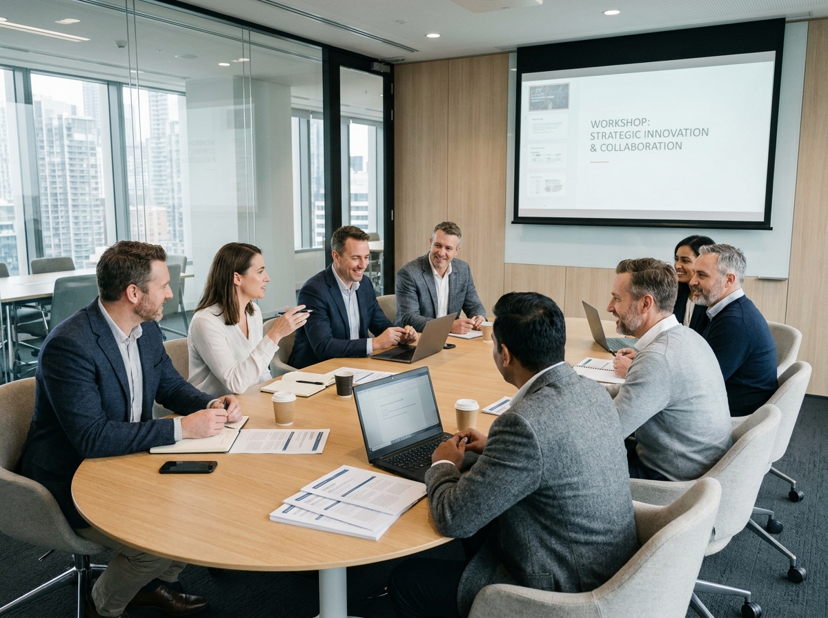 Groupe de professionnels en réunion de séminaire d'entreprise autour d'une grande table de conférence moderne