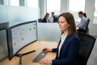 Professionnelle consultant un logiciel de signature et d'archivage automatique de dossiers clients sur un grand écran dans un bureau moderne