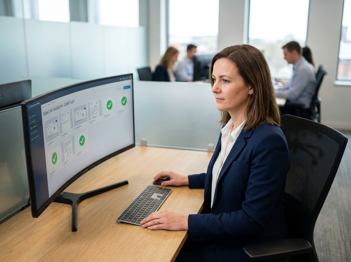 Professionnelle consultant un logiciel de signature et d'archivage automatique de dossiers clients sur un grand écran dans un bureau moderne