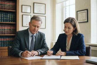 Photo hyperrealiste d'un couple d'affaires signant un contrat