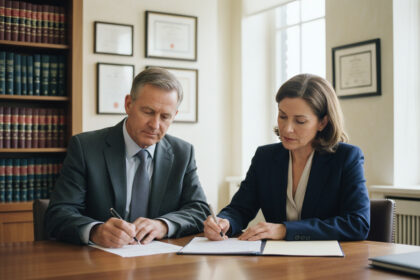 Photo hyperrealiste d'un couple d'affaires signant un contrat