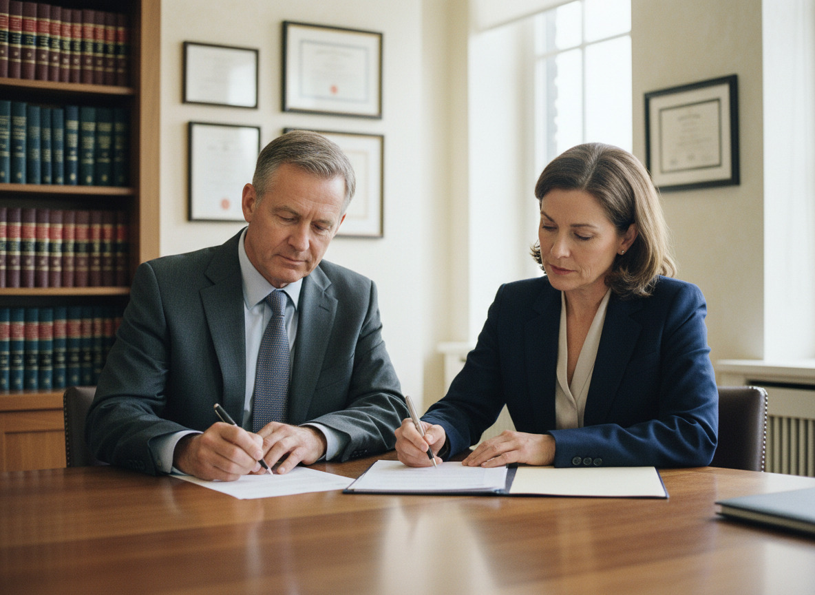 Photo hyperrealiste d'un couple d'affaires signant un contrat