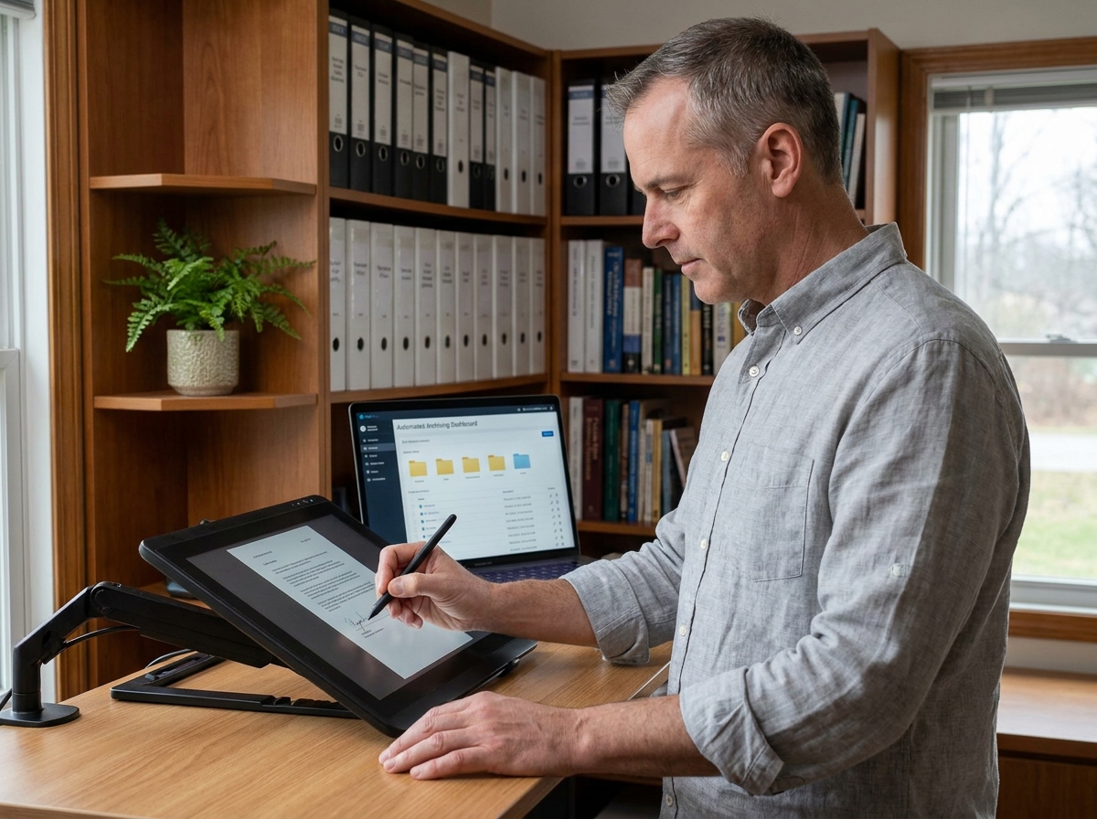 Entrepreneur signant électroniquement un document client sur tablette avec un tableau de bord d'archivage automatisé visible en arrière-plan