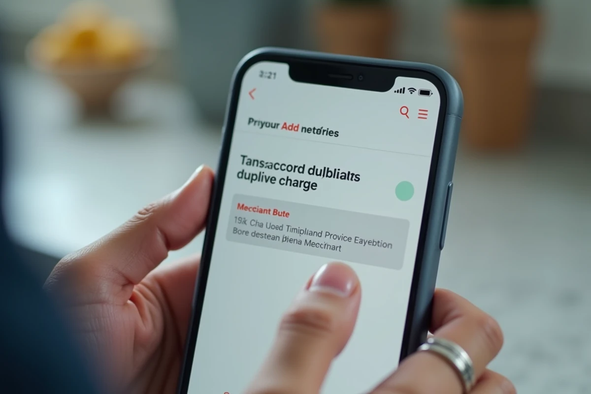 Gros plan sur un smartphone affichant une application bancaire avec un doublon de débit à vérifier