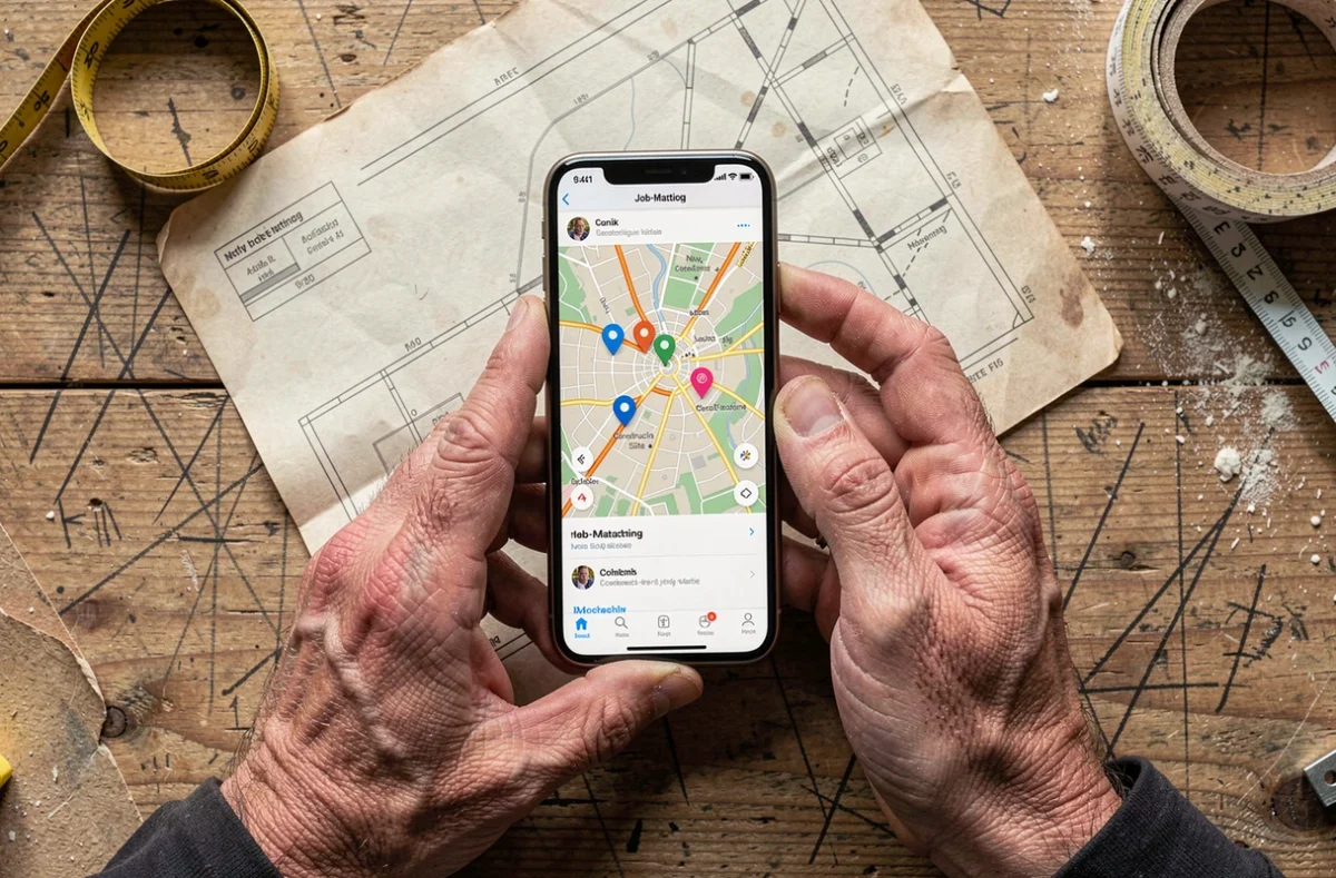 Mains d'un ouvrier tenant un smartphone affichant une application de géolocalisation pour sélectionner des chantiers proches