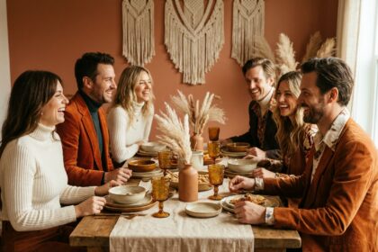 Groupe d'amis adultes réunis autour d'une table décorée sur le thème des années 70 avec tenues coordonnées et accessoires vintages pour une soirée à thème élégante