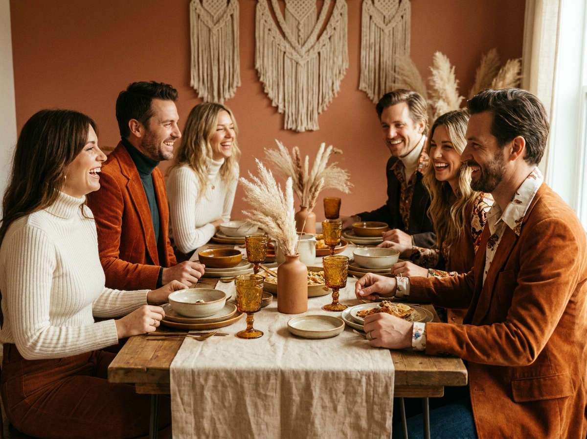 Groupe d'amis adultes réunis autour d'une table décorée sur le thème des années 70 avec tenues coordonnées et accessoires vintages pour une soirée à thème élégante