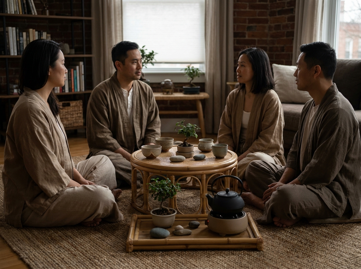 Groupe d'adultes installés au sol dans un salon décoré sur le thème japonais avec tenues lin coordonnées, bols en céramique et bonsaïs pour une soirée à thème raffinée