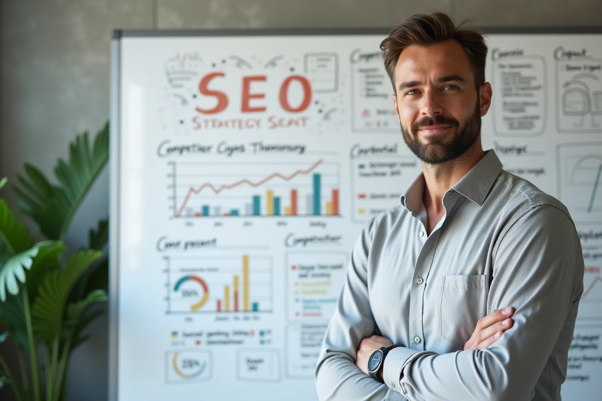 Spécialiste SEO présentant une analyse comparative de stratégies de référencement sur tableau blanc dans un bureau minimaliste