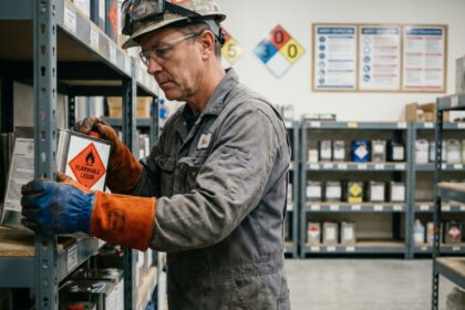 Homme en tenue de travail organisant des contenants chimiques