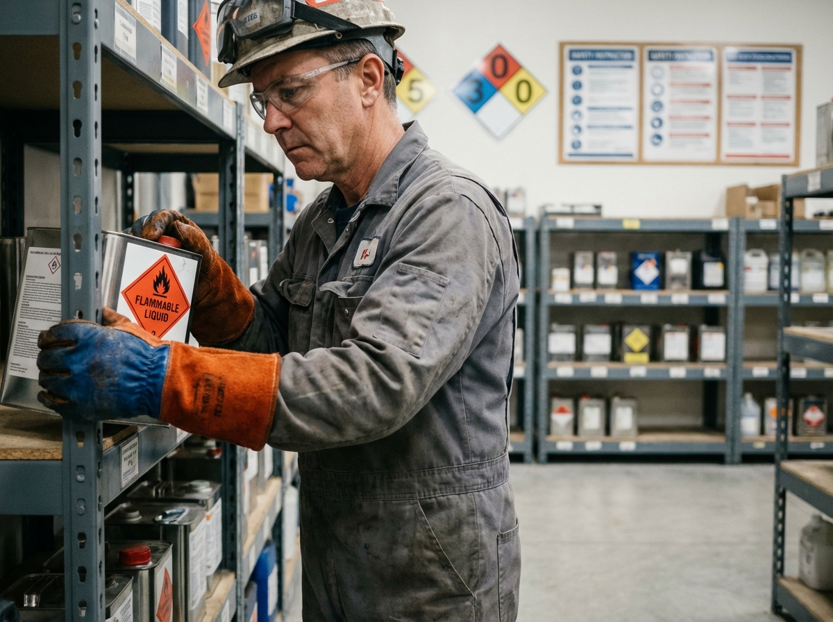 Homme en tenue de travail organisant des contenants chimiques