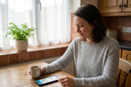 Femme consultant une application de suivi d'activité sur son smartphone dans une cuisine chaleureuse le matin