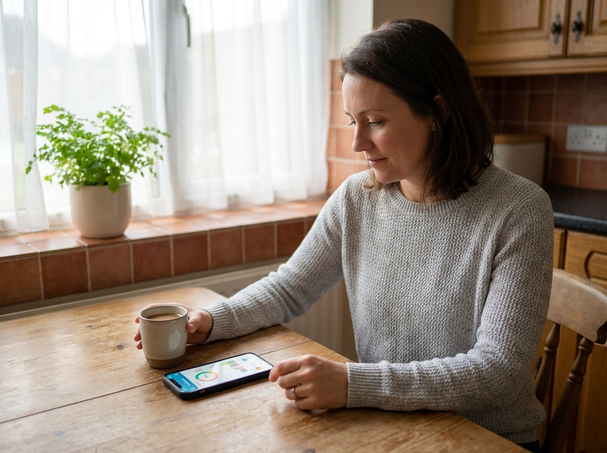 Femme consultant une application de suivi d'activité sur son smartphone dans une cuisine chaleureuse le matin