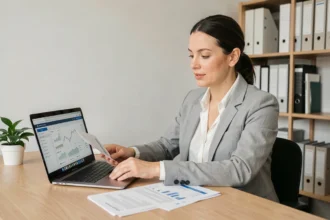 Femme entrepreneur suivant sa trésorerie quotidienne sur un logiciel de facturation depuis son bureau à domicile
