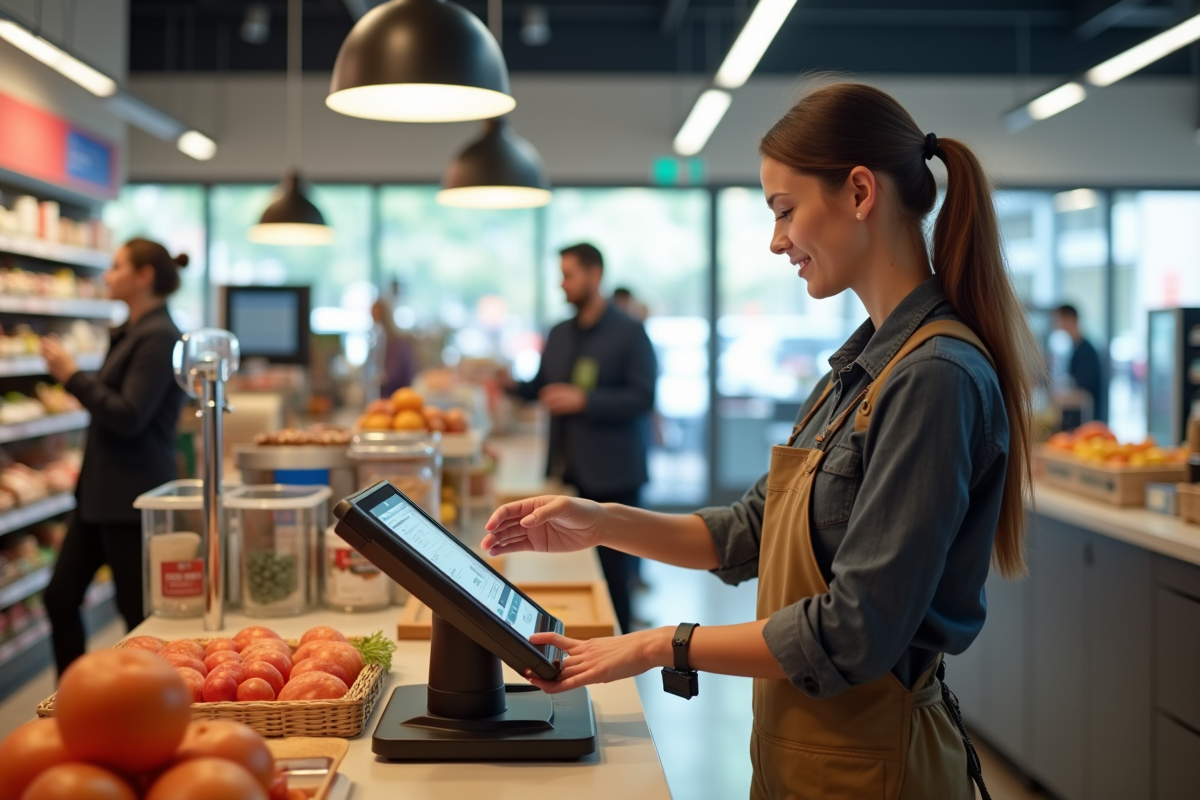 Caissier moderne scannant des articles dans un supermarché français lumineux
