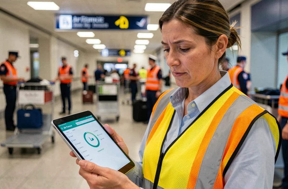 Superviseure sol Air France consultant une tablette avec une application intranet lente dans un couloir opérationnel d'aéroport