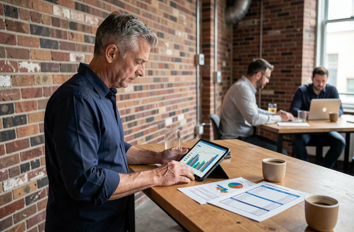 Chef d'entreprise consultant ses tableaux de bord de trésorerie sur tablette dans un espace de coworking