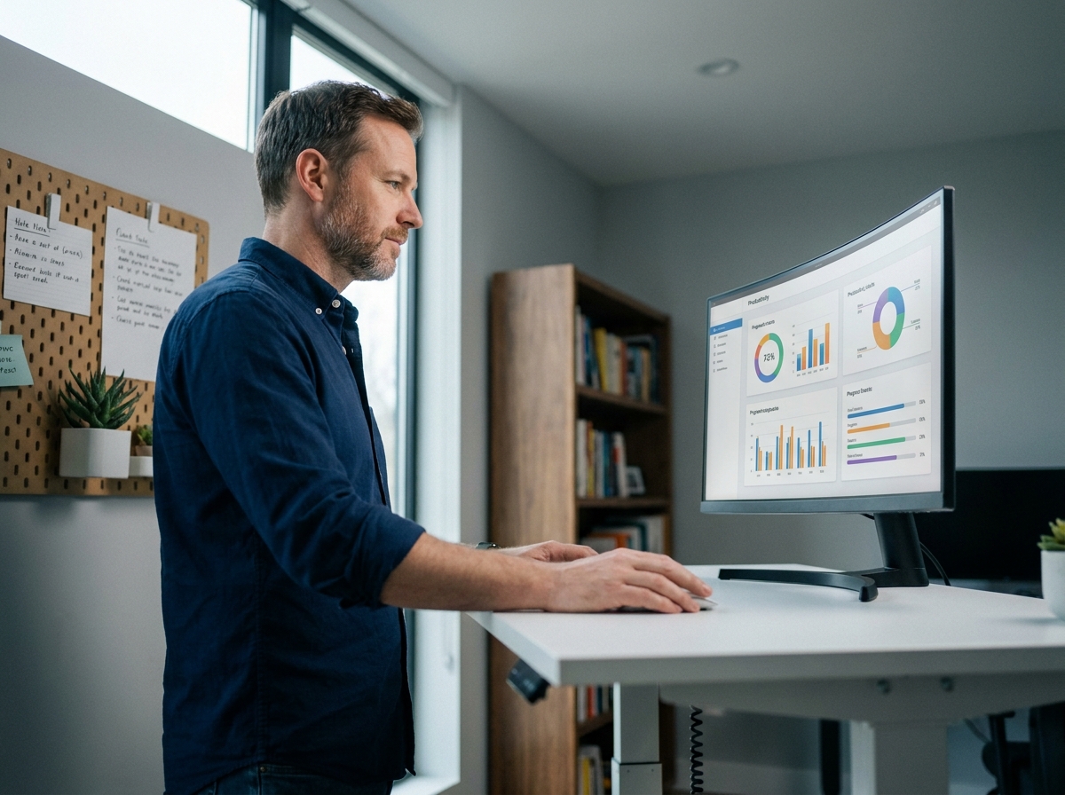 Homme consultant un tableau de bord de productivité sur un écran dans un bureau à domicile moderne