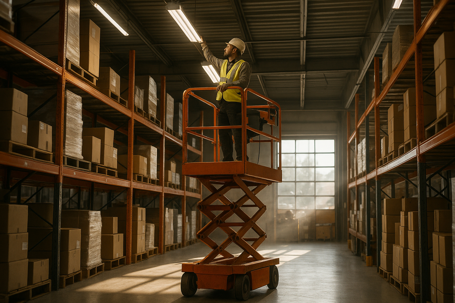 Technicien utilisant une plateforme élévatrice dans un entrepôt intérieur bien éclairé