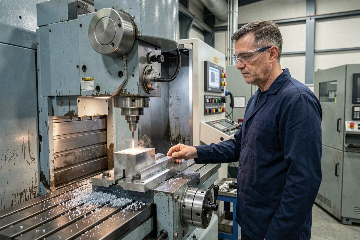 Technicien CNC opérant une fraiseuse industrielle dans un atelier d'usinage moderne