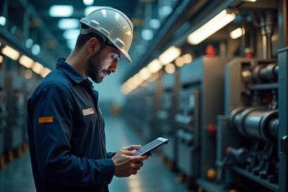 Technicien industriel inspectant une machine avec une tablette
