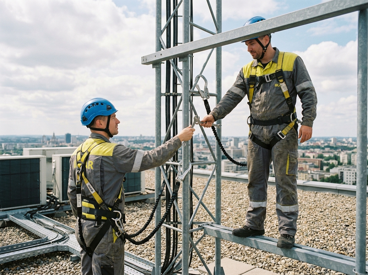 Deux techniciens télécom équipés de harnais antichute IKAR travaillant en hauteur sur un toit avec tour d'antenne en milieu urbain