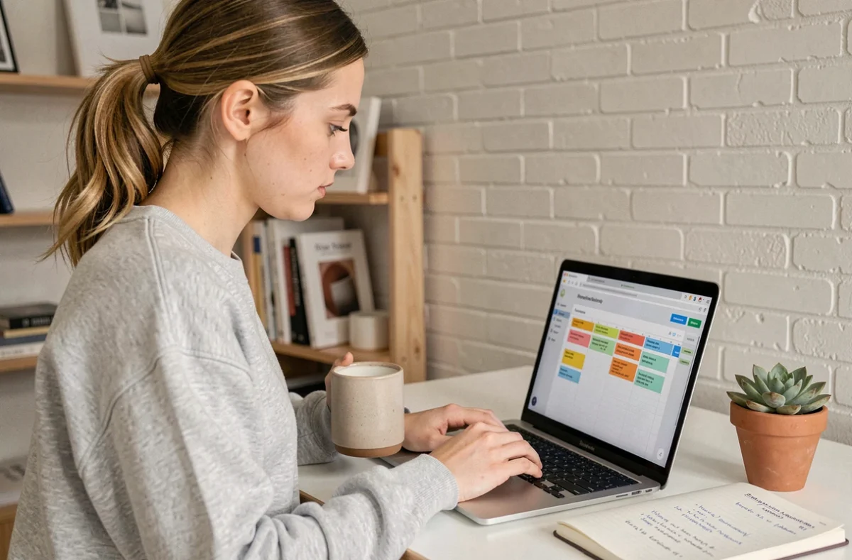 Femme en télétravail utilisant un logiciel de gestion de projet type Webmea Flow sur ordinateur portable dans un bureau à domicile