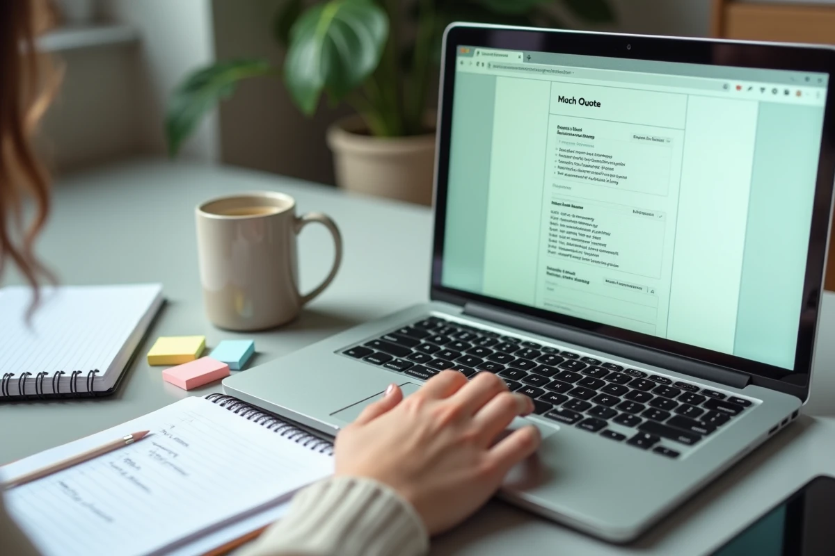 Gros plan sur un écran d'ordinateur affichant un template de devis gratuit avec une checklist manuscrite en arrière-plan