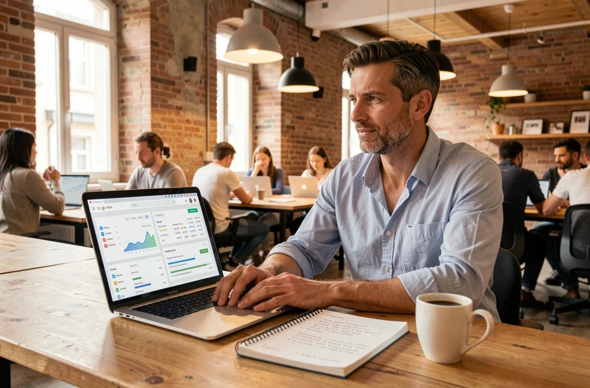 Thomas Seeburn, consultant web marketing indépendant en Essonne, analysant des données de campagne digitale dans un espace de coworking