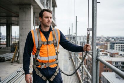Ouvrier du bâtiment équipé d'un harnais antichute IKAR sur un échafaudage en hauteur lors d'un chantier urbain