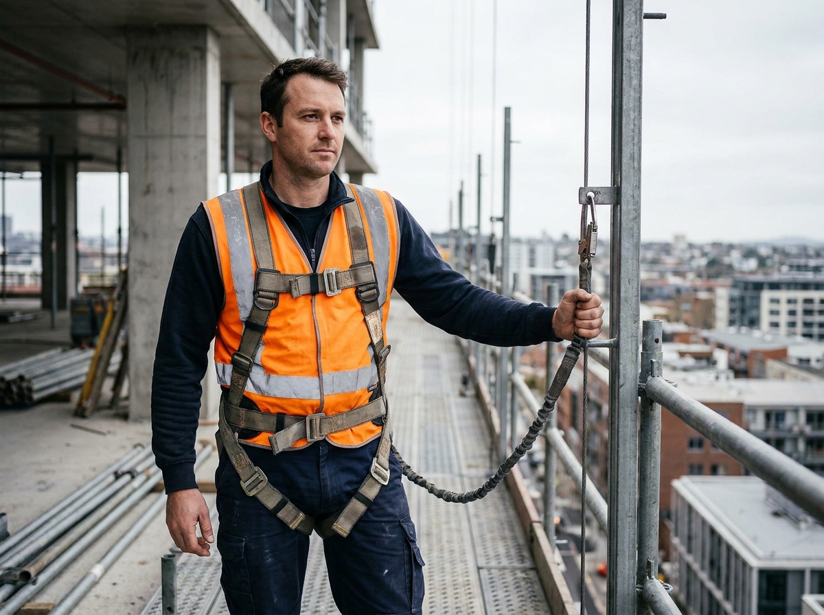 Ouvrier du bâtiment équipé d'un harnais antichute IKAR sur un échafaudage en hauteur lors d'un chantier urbain
