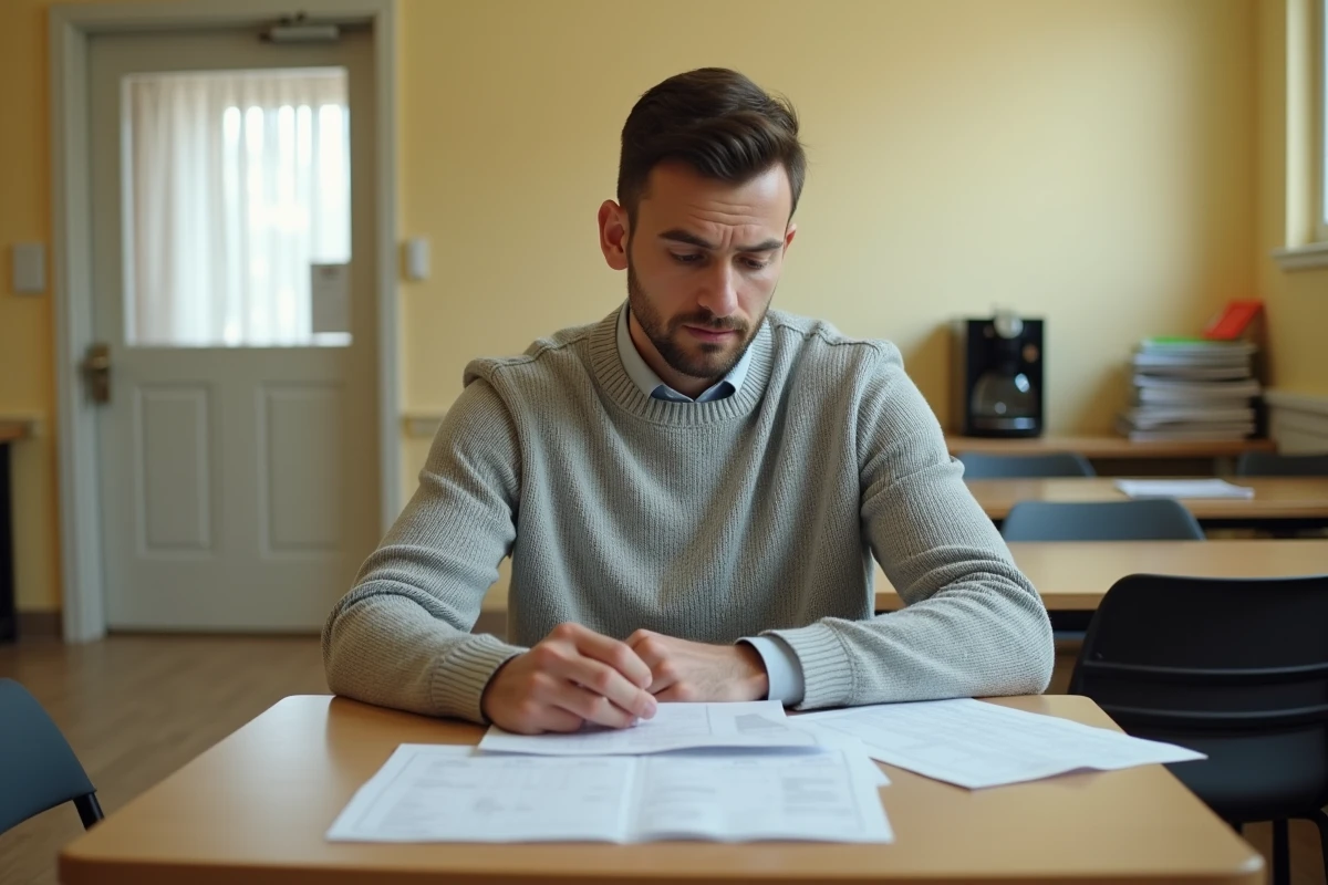 Travailleur social étudiant sa fiche de paie et son planning de congés dans une salle de pause, en lien avec la suppression des congés trimestriels de la Convention 66