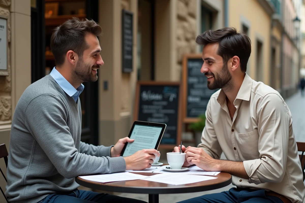 Deux travailleurs pluriactifs discutant de leur affiliation MSA ou Urssaf en terrasse de café