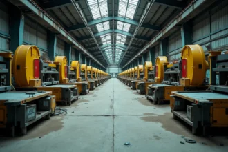 Intérieur abandonné de l'usine Playmobil en Allemagne avec chaînes de production arrêtées et moules en plastique vides