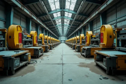 Intérieur abandonné de l'usine Playmobil en Allemagne avec chaînes de production arrêtées et moules en plastique vides