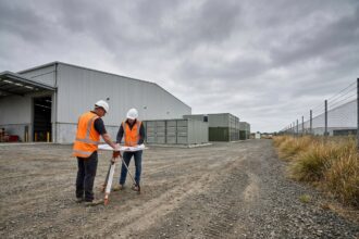 Ingénieurs évaluant un terrain industriel pour l'installation d'un système de stockage d'énergie par batterie