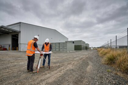 Ingénieurs évaluant un terrain industriel pour l'installation d'un système de stockage d'énergie par batterie