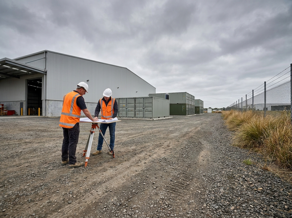 Ingénieurs évaluant un terrain industriel pour l'installation d'un système de stockage d'énergie par batterie
