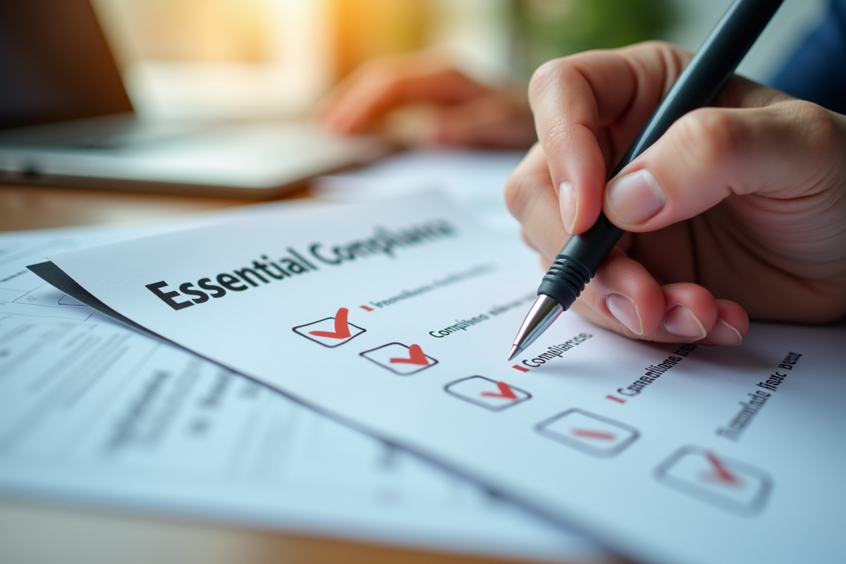 Gros plan sur des mains tenant une checklist de conformité à cocher