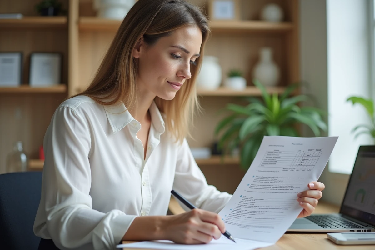 Femme professionnelle vérifiant une checklist sur un devis imprimé dans un bureau moderne et organisé