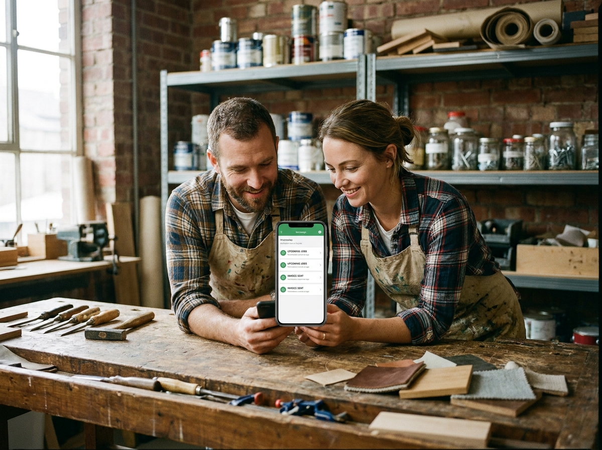 Deux artisans consultant l'interface de gestion Vertuoza sur smartphone dans un atelier de métier