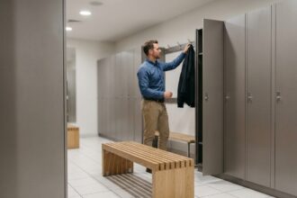 Vestiaire professionnel moderne avec casiers métalliques gris et banc en bois clair dans un bâtiment d'entreprise