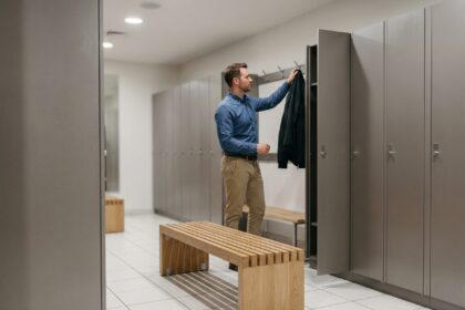 Vestiaire professionnel moderne avec casiers métalliques gris et banc en bois clair dans un bâtiment d'entreprise