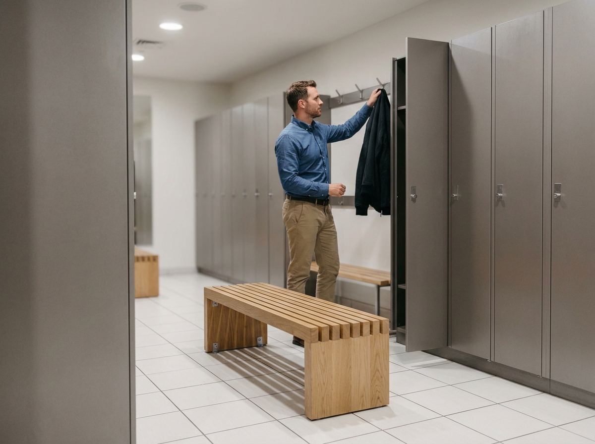 Vestiaire professionnel moderne avec casiers métalliques gris et banc en bois clair dans un bâtiment d'entreprise