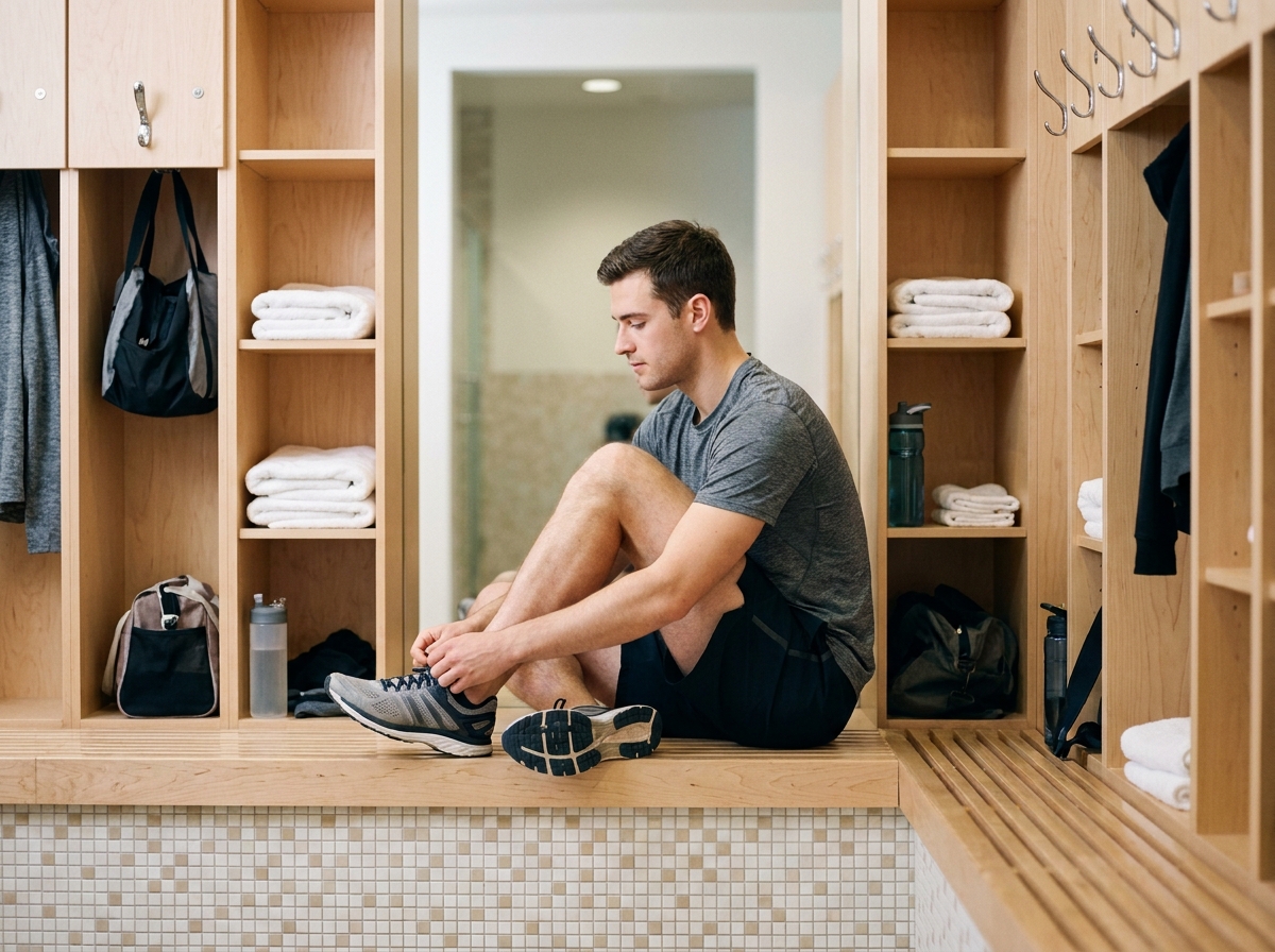 Vestiaire sportif moderne avec mobilier en bois de bouleau, crochets chromés et banc intégré dans une salle de sport