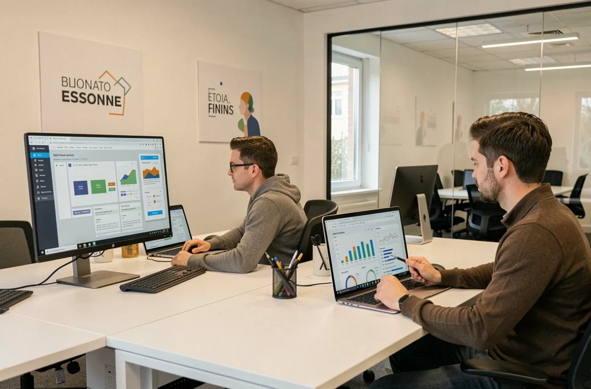 Équipe de Webindme, agence SEO et webdesign en Essonne, travaillant sur des projets de référencement et de design web dans leur bureau moderne